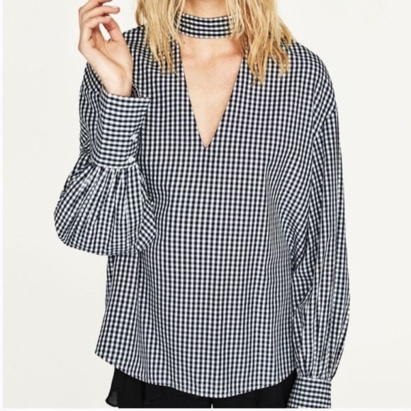 Zara Women Tops Zara Woman Black White Gingham Check Blouse Top M
